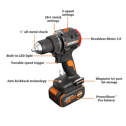 WORX Cordless Drill Driver, 20V 1/2-Inch Brushless, WX109L.1 - style: Cordless Drill Driver, 20V 930