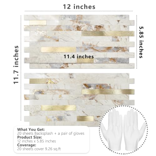 STICKGOO 20 Sheets Peel and Stick Backsplash Tile, Stick on Backsplash for Kitchen and Bathroom, Pandora Marble Look PVC Mixed Metal Gold Self Adhesive Wall Tiles - color: Pandora Marble + Metal Gold
