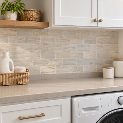 StyloVue 100 Pieces Peel and Stick Backsplash for Kitchen, 3" x 6" PVC Subway Tile Upgraded Grayish Beige with Gray Grout Backsplash Stick on Tile Elevate Kitchen, Bathroom, Fireplace,RV - color: Grayish Beige