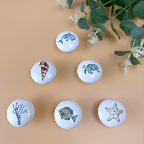 Set of 6 Ceramic Kids Nursery Fish Ocean Starfish Beachy Coastal Cabinet Dresser Drawer Door Handle Pulls Knobs 1.5 X 1.5 Inches - size: conch