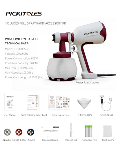 PICKITOLES Paint Sprayer,HVLP Paint Sprayer,Electric Spray Gun with 3 Patterns & 1400ML,for Latex Paint,Stain,Furniture,Cabinet,Wall,House Painting,Garden & DIY,Complete Cleaning Kit,Crimson