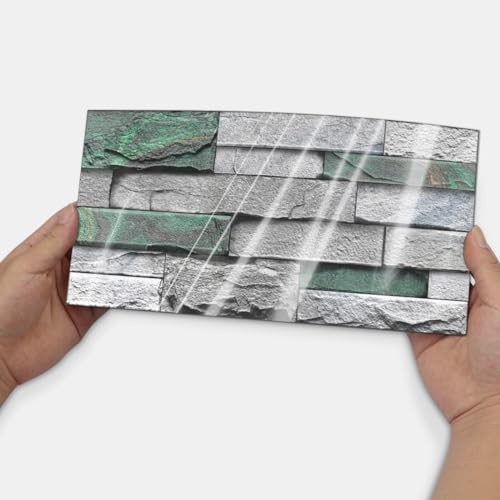 Alwayspon 24Pcs 12x6inch Peel&Stick Wall Sticker Vinly Wallpaper, Waterproof Backsplash for Kitchen Bathroom, Self-Adhesive Tile Transfers Decal Stick on Tiles with Dark Green Stone Brick Effect - color: Fg-l12, size: 24 Pcs