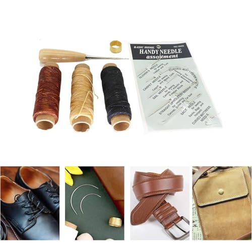 Heavy Duty Leather Craft Tool Set, Assorted Hand Sewing Needles Strong Upholstery Thread Drilling Awl and Thimble, Upholstery Repair Kit for Leather Repair Stitching Sewing, Pack of 12