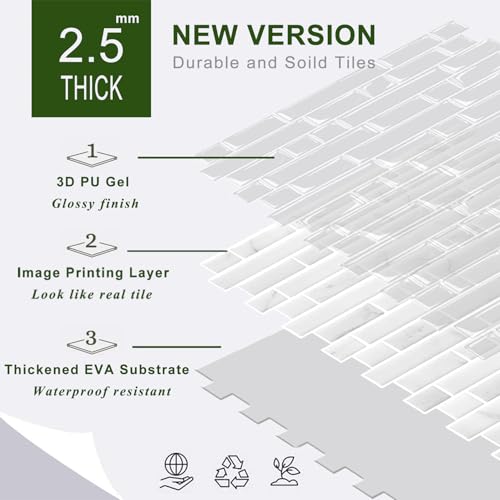 STICKGOO Thicker Peel and Stick Backsplash Tile for Kitchen and Bathroom - color: White Marble