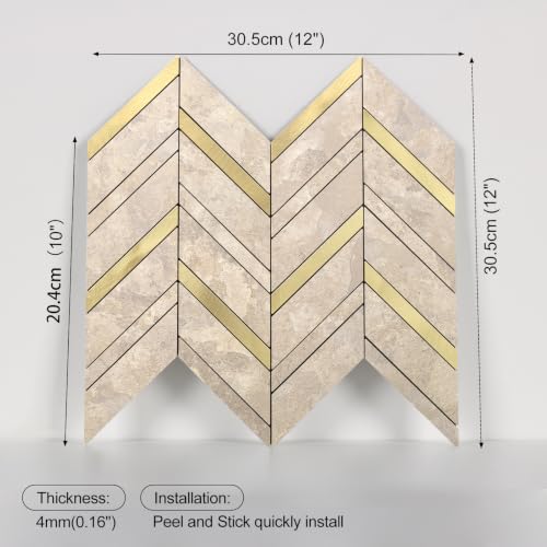 Yipscazo 10-Sheet Herringbone Peel and Stick Backsplash, Beige Stone Mixed Metal Gold PVC Stick on Tiles for Kitchen, Waterproof Self Adhesive Wall Tiles for Bathroom - color: Beige Stone