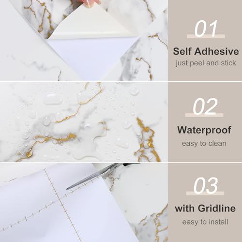 23.6"x118" White and Gold Marble Contact Paper Peel and Stick Modern Marble Wallpaper Vinyl Wrap for Kitchen Bathroom Waterproof Removable Marble Contact Paper for Countertops Table - size: 23.6" x 118"