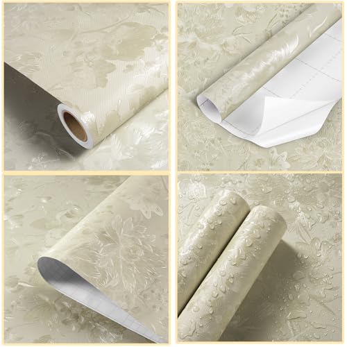 30"×118" Silk Embossed Wallpaper Peel and Stick Floral Wall Paper Stick and Peel for Bedroom Waterproof Embossed Wallpaper for Bathroom Beige Flower Textured Contact Paper for Cabinet Drawer - size: 30" x 118"