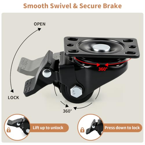 1.25" Heavy Duty Low Profile Swivel Plate Casters with Brake, 4 Pcs