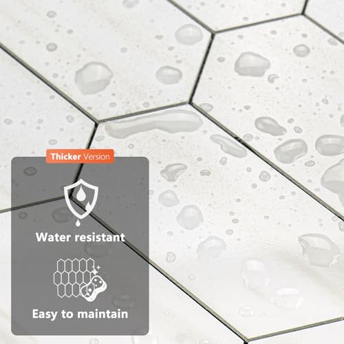 Vamos Tile Long Hexagon Peel and Stick Backsplash Tile - 10 Sheets Stick on Backsplash for Kitchen and Bathroom 12.4 x 12 Inch Glossy Dolomite White PVC Self Adhesive Mosaic Wall Tiles - color: Glossy Dolomite White