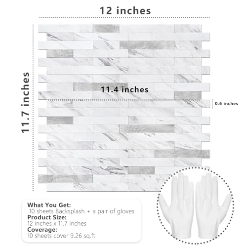 STICKGOO Peel and Stick Backsplash Tile, Stick on Backsplash for Kitchen and Bathroom, Volakas White Look PVC Mixed Metal Silver Self Adhesive Wall Tiles(10 Sheets) - color: Volakas White with Metal Silver