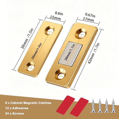 6 Pack Magnetic Cabinet Door Catch, Ultra Thin Stainless Steel Latch, Gold - color: Gold