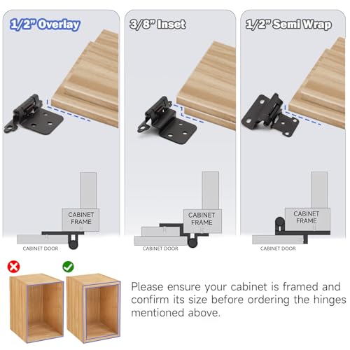 50 Pack (25 Pairs) 1/2" Overlay Semi-Hidden Cabinet Hinges - Matte Black Self-Closing with Silicone Cushion for Kitchen Cabinet Doors