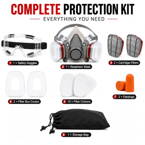 Premium Respirator Kit – Reusable Half Face Mask with Safety Glasses for Painting, Spraying, Sanding, Polishing (Set)