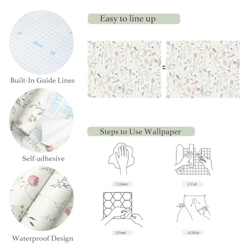 Dimoon 787"x16.1" Floral Peel and Stick Wallpaper Beige Contact Paper Thicken Wallpaper Delicate Flower Waterproof Green Leaf White Self Adhesive Removable Wall Paper Shelf Liner Decal Vinyl Roll - color: Beige-Smooth, size: 16.1" x 787"