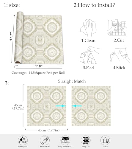 Moroccan Geometric Peel and Stick Wallpaper, Boho Tile Pattern Wallpaper - color: ML-M047, size: 17.7" x 118"