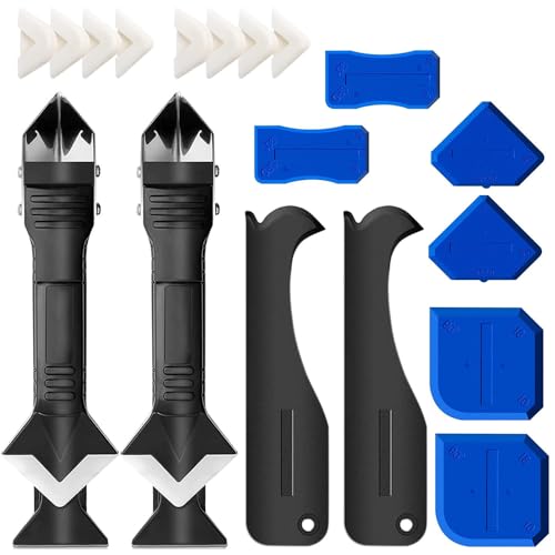 Silicone Caulking Tool Kit, 3 in 1 Caulk Remover Tool and Sealant Scraper with 5 Smoothing Pads, Caulk Finishing Tool for Bathroom, Kitchen, Window, Sink and Tile Seams(2 sets)