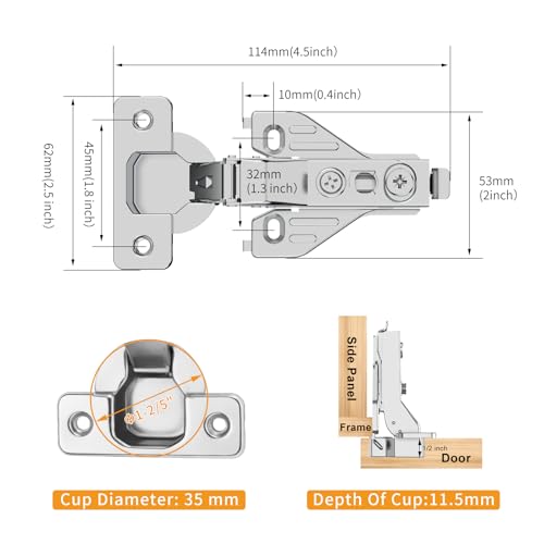 Chibery 50 Pack Half Overlay 3D Soft Close Concealed Hinge for Face Frame Door & Frameless Door, Clip-on Plate, Self Closing Hidden Satin Nickel, 105° Open Angle Concealed Stainless Steel Hinges - size: Half Overlay