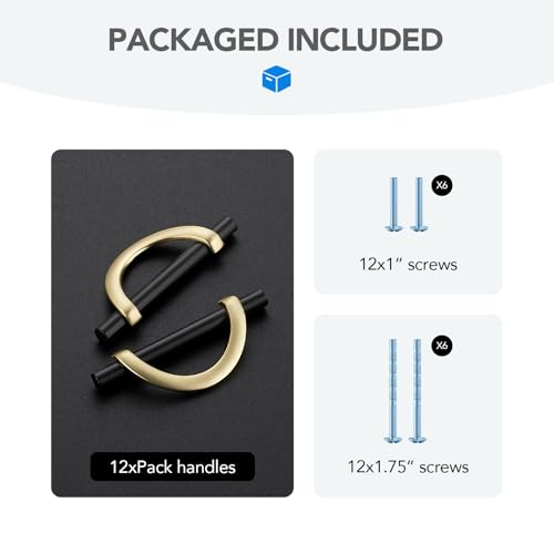 Brushed Gold & Matte Black Cabinet Pulls Curved, 3-3/4 Inch/96 mm, 10 Pack - color: Brushed Brass & Matte Black, size: 3-3/4 Inch Hole Center