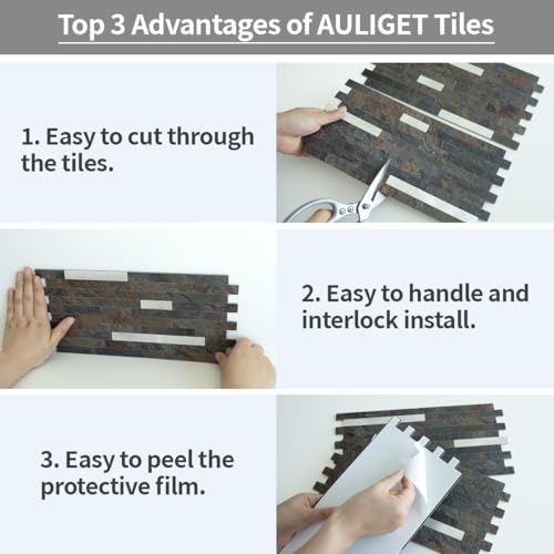 AULIGET 2 Sheets Rust Slate Peel and Stick Backsplash, PVC Mixed Metal Silver Wall Tile Stick on Backsplash for Kitchen and Bathroom - color: Rust Slate + Metal Silver, size: 2 Sheets, 6"x12"x0.12"