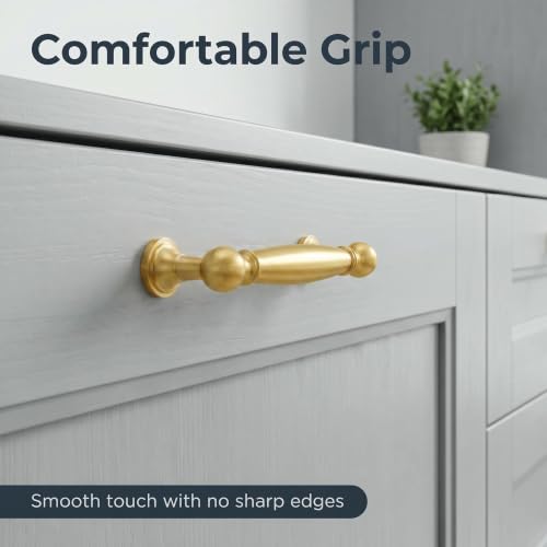 RZDEAL 4-Pack Solid Brass Cabinet Pulls, 3 Inch Inch Hole Center Brushed Brass Gold Cabinet Handles, Heavy Duty Drawer Pull Hardware for Kitchen Dresser Vanity Cupboard Wardobe - size: 3 Inch