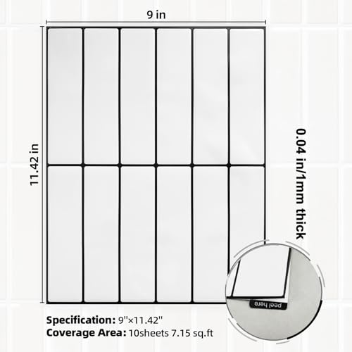 Peel and Stick Backsplash Tile for Kitchen, 10 Sheets, 11.42''x9'' - color: White With Black Grout