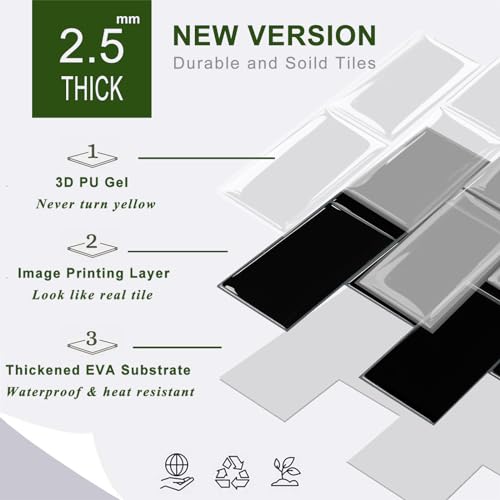 STICKGOO 10-Sheet Backsplash Peel and Stick Subway Tile(Thicker Design) - color: Black with Gray Grout