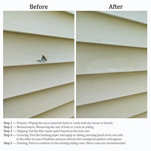 Vinyl Siding Repair Kit 12Pcs 6.3X4.75Inch Self-Adhesive Vinyl Siding Patch PVC Tape Cover Any Cracks Holes Blemishes on Vinyls Sidings Fence Tools Home Skirting - size: 12 patches