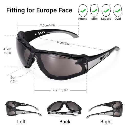 SAFEYEAR Safety Glasses Anti Fog Scratch Resistant ANSI Z87.1 CE Protective Eyewear with Foam Gasket Adjustable Strap - color: Tinted Black & Grey