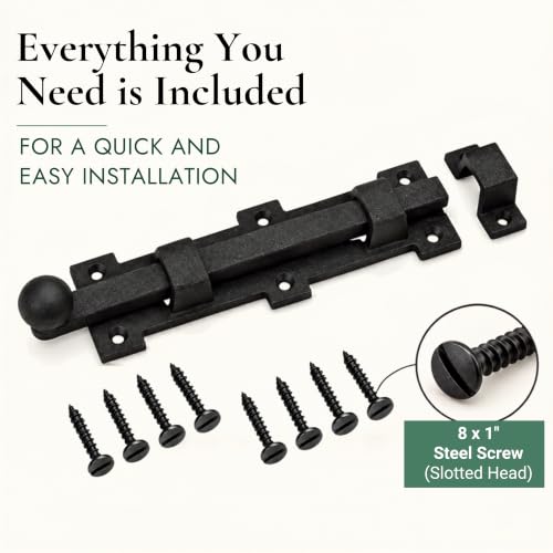 Renovators Supply Manufacturing Slide Bolt Latch 8 3/4 in. Black Wrought Iron Ball Tip Style Slide Bolt with Mounting Hardware - size: Pack of 1, style: 8.75 inch