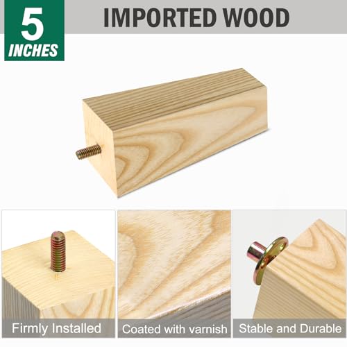 FoDau770 Square Furniture Legs 5 Inch, Ash Wood Legs with 5/16"-18 Bolts - size: 5 Inch