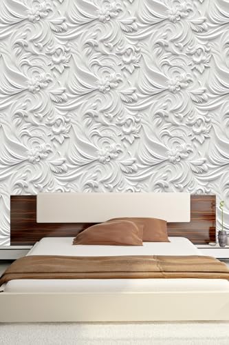 Peel and Stick Wallpaper White Gray Scroll Floral Accent - color: White&Light Gray, size: 17.7" x 118"