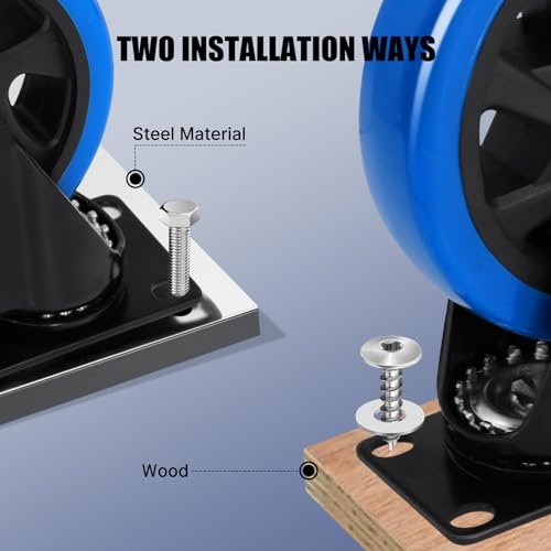 5 Inch Casters Wheel Set of 4, 2200 Lbs Heavy Duty Casters, Safety Locking Industrial Casters with Brake, No Noise Plate Wheels for Cart, Workbench, Furniture (Free Hardware Kits) - size: 5inch