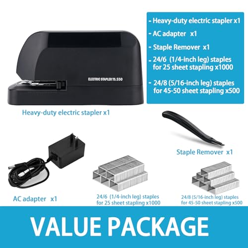 Heavy Duty Electric Stapler Value Pack, 45 Sheet Capacity, Includes 1500 Staples & Staple Remover, No-Jam, Faster Stapling, Automatic Stapler Desktop,AC Adapter Powered (Black) - color: Black