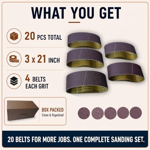 3x21 Sanding Belts, 20 Pack, 4 Each of 80/120/150/240/400 Grits - size: 3 x 21 in, 20-Pack