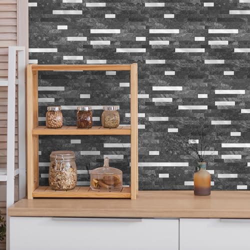 Yipscazo 5 Sheets Peel and Stick Stone Metal Tile Backsplash, Stick on Tiles for Backsplash Kitchen, Bathroom, Laundry Room, Camper, Fireplace (12'' X 12'', Dark Black) - color: Dark black