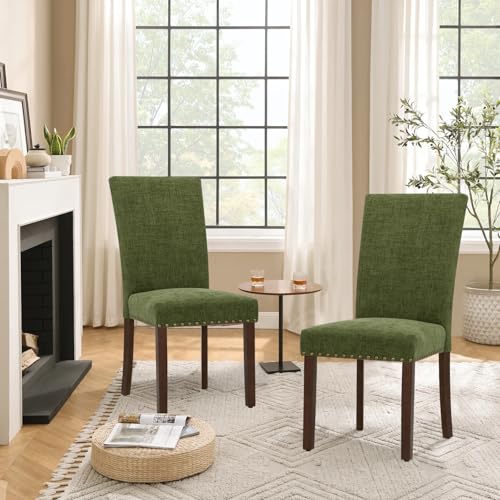 Parsons Dining Chairs Set of 6, Upholstered Nailhead Dining Room Kitchen Side Chair with Thick Cushions and Wood Legs, Green - color: Green, size: set of 6