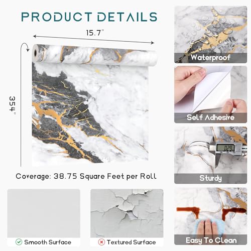 VEELIKE Black and White Gold Marble Contact Paper for Countertops Waterproof Peel and Stick Countertop Contact Paper 15.7''x354'' Self Adhesive Marble Wallpaper for Bathroom Kitchen Countertops Table - size: 15.7" x 354"