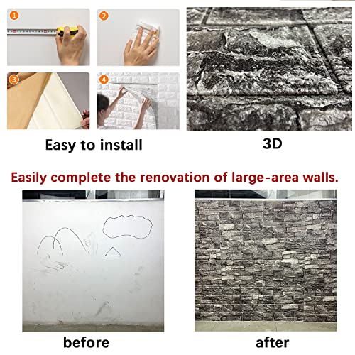 10PCS 3D Wall Panels Peel and Stick Foam 3D Brick Wallpaper Peel and Stick Black Faux Stone Wall Panel Self-Adhesive Wallpaper (10PCS, Black) - color: Black, size: 10PCS