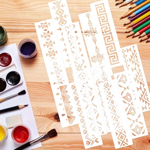 Keluna Aztec Stencils - 12 Pcs Boho Borders Pattern Stencils for DIY Wall & Wood Canvas Painting - style: aztec