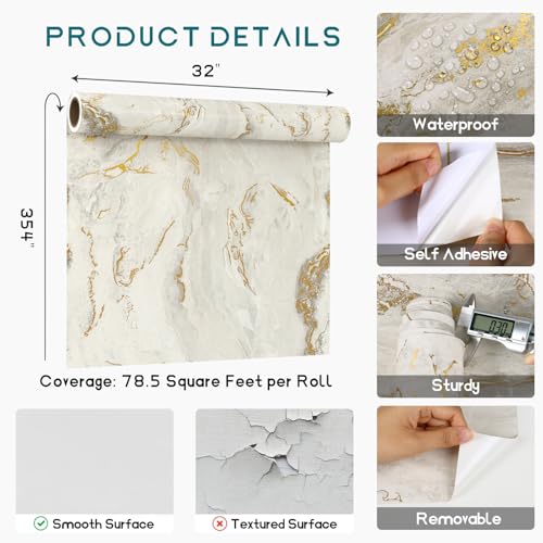 VEELIKE Wide Gold Beige Marble Countertop Contact Paper Waterproof Kitchen Countertop Peel and Stick Marble Contact Paper 32''x354'' Matte Marble Wallpaper Peel and Stick Removable Vinyl Countertop - size: 32" x 354"