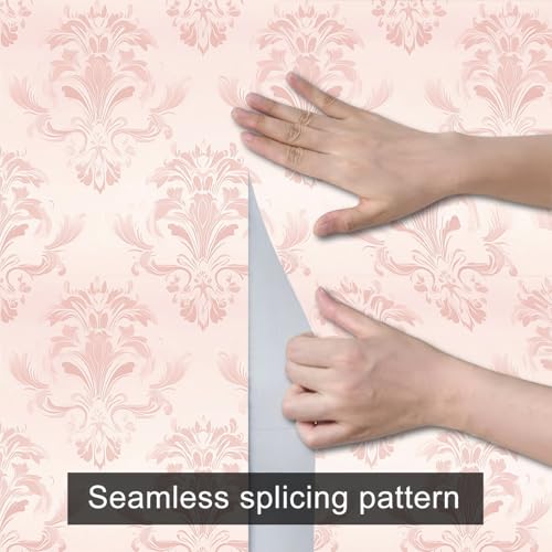 HOMETITUTE Pink Damask Peel and Stick Wallpaper 118.1x17.7 Inch Vinyl - color: Pink Classic Damask