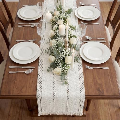 Boho Macrame Table Runner with Tassels 90in White Farmhouse Runner - color: White, size: 12'' x 90''