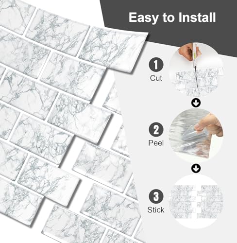 10 Sheets Thicker Design Peel and Stick Backsplash, 12"x12" Peel and Stick Wall Tiles, Subway Look Marble Tiles Backsplash for Kitchen and Bathroom, Snow Flake White - color: Snow Flake White