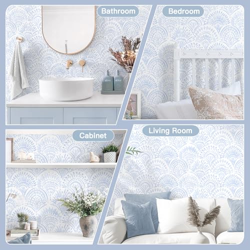Safiyya Peel and Stick Wallpaper Boho Contact Paper 17.3"x78.7" Blue and White Modern Wall Paper Self Adhesive Removable Wallpaper for Bedroom Vinyl Rolls - color: Light Blue and White, size: 17.3" x 78.7"