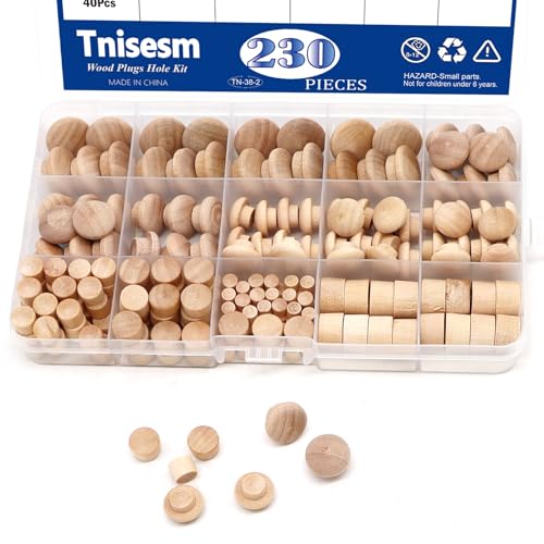 Tnisesm 230Pcs Wood Plugs 1/2" 3/8" 5/16" 3/16" Hole Plugs Button Plugs 2 Styles Button Screw Covers Assortment Kit Mushroom & Flush Wood Caps - color: 230pcs-cone&mushroom Shaped