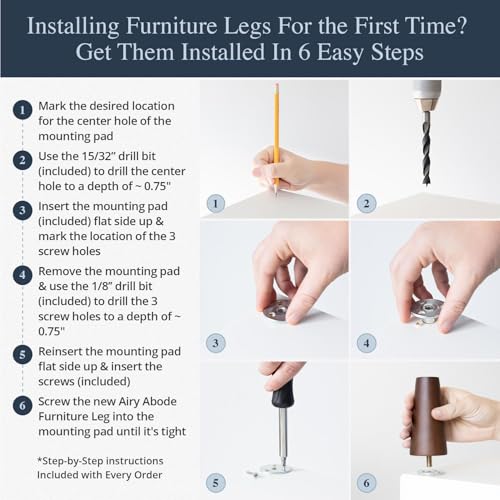 Airy Abode Premium Walnut Wood Furniture Legs (Full Install Kit) - Pick Your Size and Color - color: Brown, size: 6 Inches