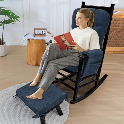 5 PCS Glider Rocker Replacement Cushions with Storage Side Pocket, Luxuriy Chenille Fabric Foam & Microfiber Filling, Thickened & Supportive Rocking Chair Cushion Set, Dark Blue - color: Dark Blue