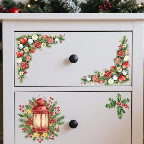 GLOBLELAND 4 Sheets Christmas Wreath Corner Furniture Transfers Stickers 6x12inch Christmas Tree Snowman Rub on Transfer UV Self-Adhesive Stickers Wall Art Craft for Bedroom Living Room Table - style: Christmas Wreath