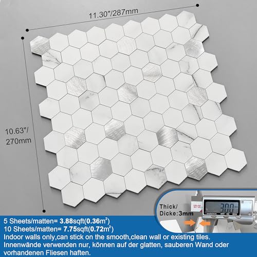 Peel and Stick Backsplash Hexagon Marble Tiles White Silver 5pcs - color: White Silver, size: 5sheets