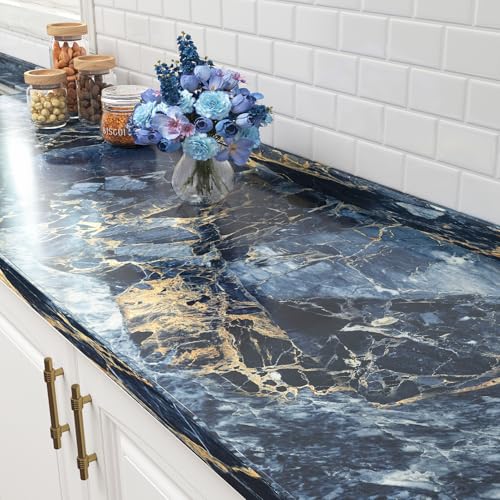 FunStick 36"x200" Large Gold Dark Blue Marble Countertop Contact Paper Waterproof Marble Wall Paper Peel and Stick Countertops Adhesive Vinyl Countertop Wrap for Kitchen Bathroom Cabinet Wallpaper - color: Navy Blue and Gold, size: 200" x 36"